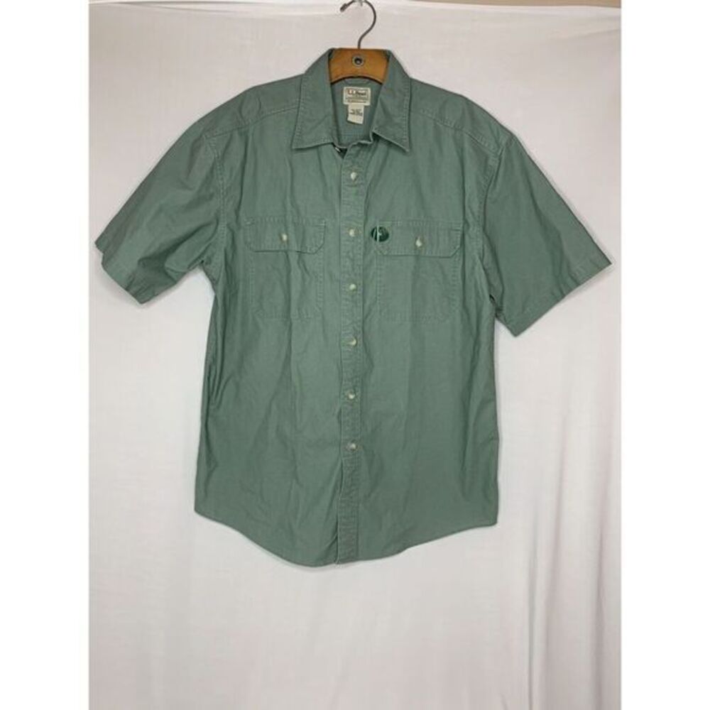 LL Bean Chamois Shirt Medium Mens Flannel Traditional Fit Blue-green Long Sleeve